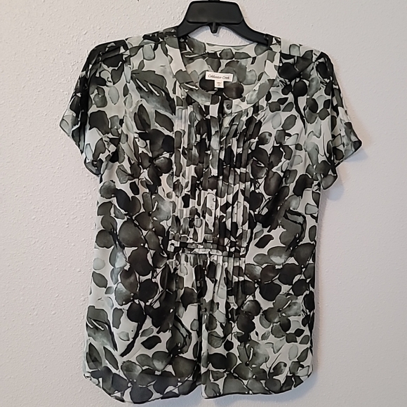 Coldwater Creek Olive Green Leaf Design Sheer Blouse ~Lined Sz Med 100% Poly - Picture 4 of 6